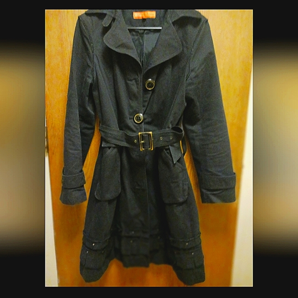 CYNTHIA STEFFE Ladies, Large, Distressed, Black, Knee-length, Belted Coat